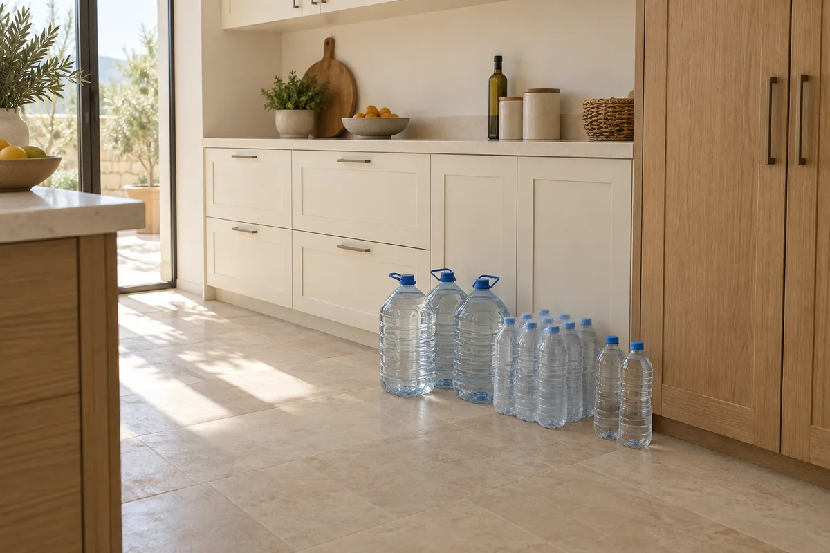 Garrafas y packs en el suelo de la cocina